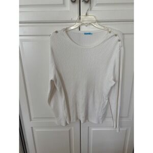J.McLaughlin White Ribbed Knit Button Shoulder Sweater XL Long Sleeve Cotton Mix